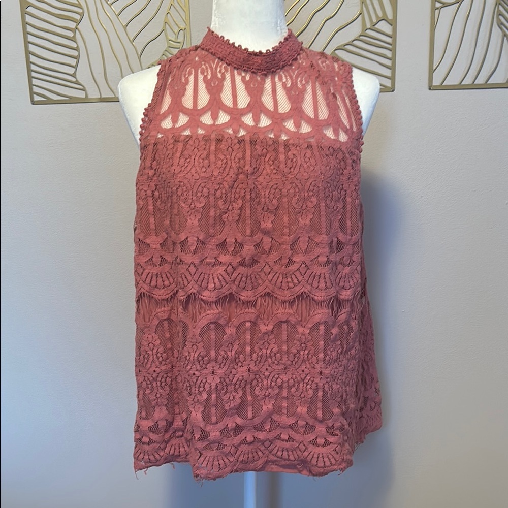 Xhilaration Pink Mock Neck Sleeveless Blouse with High Low Embellished Design